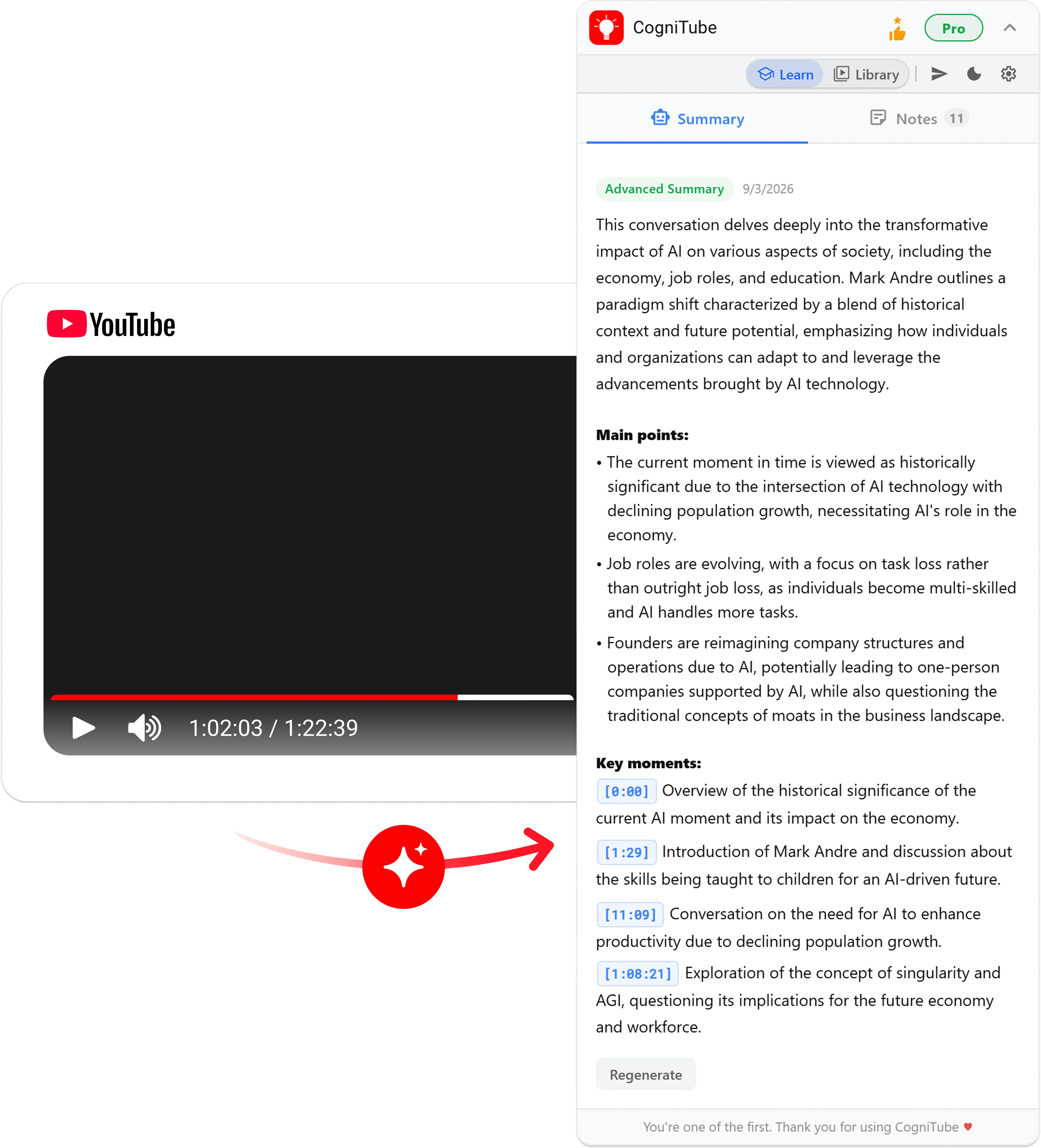CogniTube extension showing AI summary and key moments in the YouTube sidebar